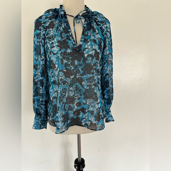 Anthropologie Tops - Anthropologie Chiffon Blouse Blue Floral Long Sleeve V-Neck size S
